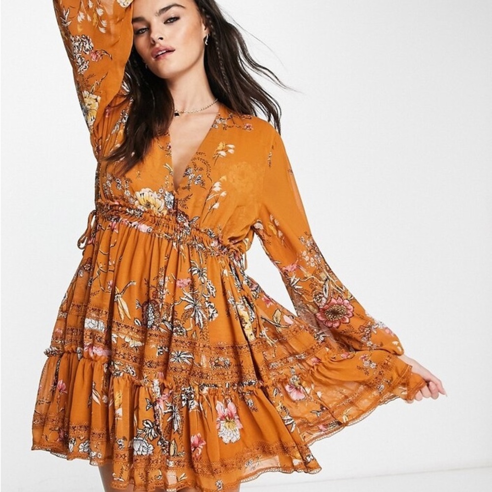 Free People | Cherry Blossom Tiered Mini Dress, Orange | Size Small